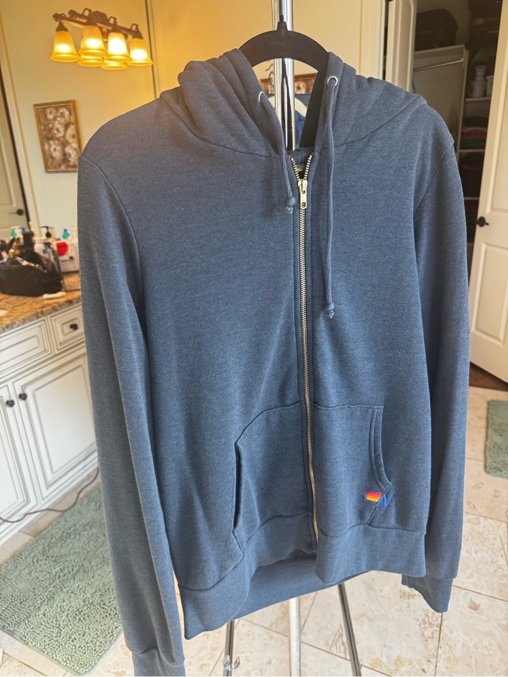Aviator Nation Used Navy Zip-Up Hoodie with Rainbow Pocket Tag. Lightning Bolt